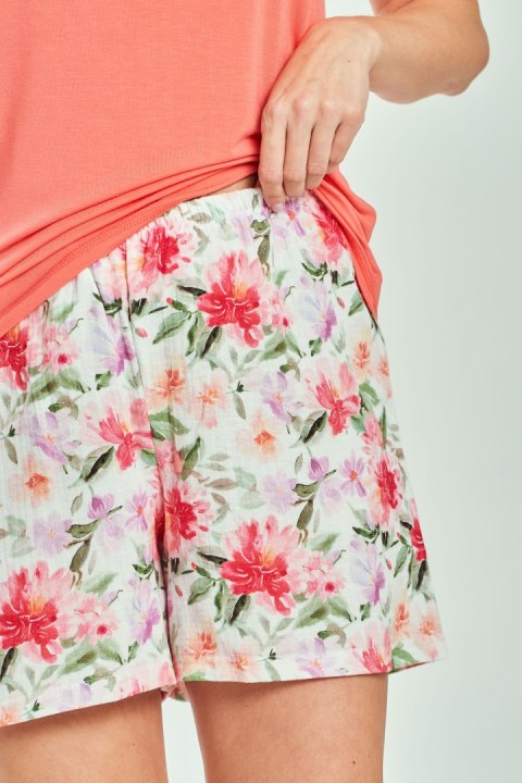Piżama damska Felicia 3514 Koralowa - gładka bluza, wzorzyste spodenki